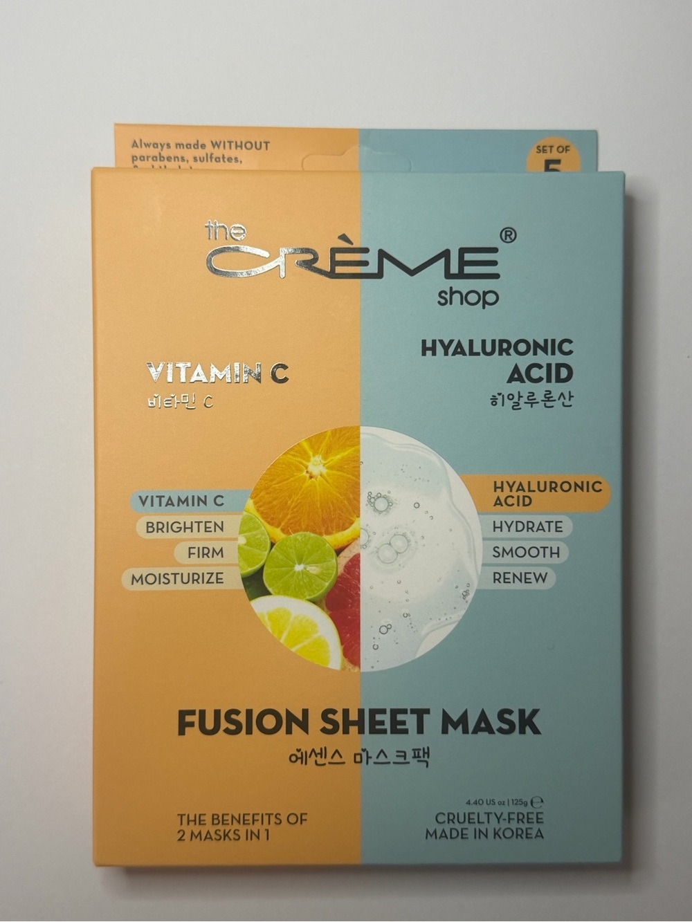 Crème shop Vitamin C + Hyaluronic Acid Fusion Sheet Mask – box of 5 masks